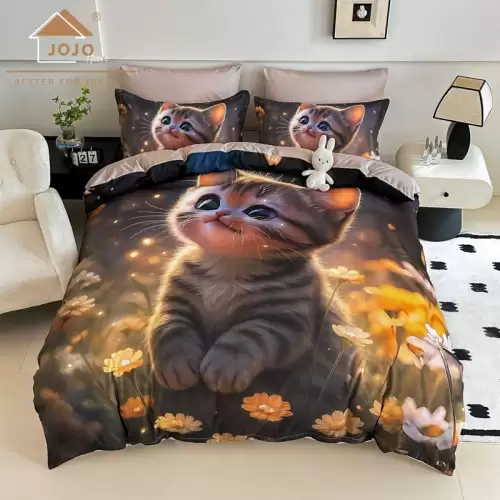 Lenjerie pat dublu, FINET, Imprimeu Digital 5D - Identic cu poza, Cu ELASTIC, 6 piese, Jojo Home, Maro, Pisicuta