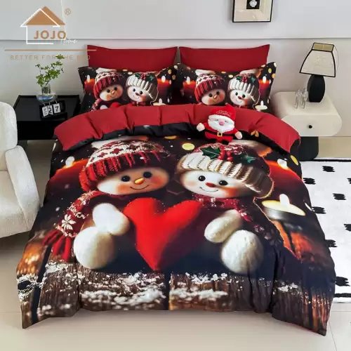 Lenjerie pat dublu, FINET, Imprimeu Digital 5D - Identic cu poza, Cu ELASTIC, 6 piese, Jojo Home, Rosu, Indragostiti