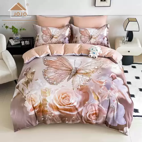 Lenjerie pat dublu, FINET, Imprimeu Digital 5D - Identic cu poza, Cu ELASTIC, 6 piese, Jojo Home, Sampanie, Trandafiri, Fluturi