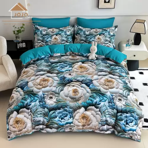 Lenjerie pat dublu, FINET, Imprimeu Digital 5D - Identic cu poza, Cu ELASTIC, 6 piese, Jojo Home, Turquoise, Alb, Trandafiri