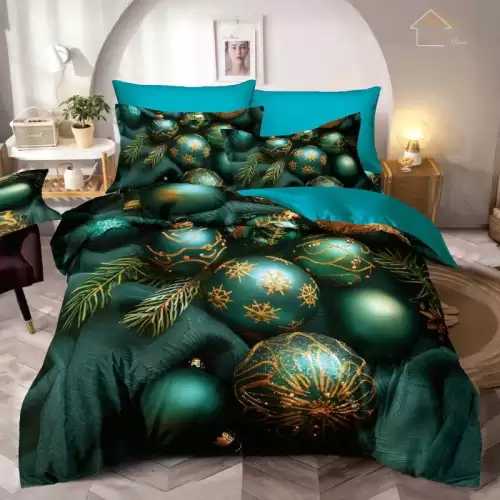 Lenjerie pat dublu, FINET, Imprimeu Digital 5D - Identic cu poza, Cu ELASTIC, 6 piese, Jojo Home, Verde, Globulete