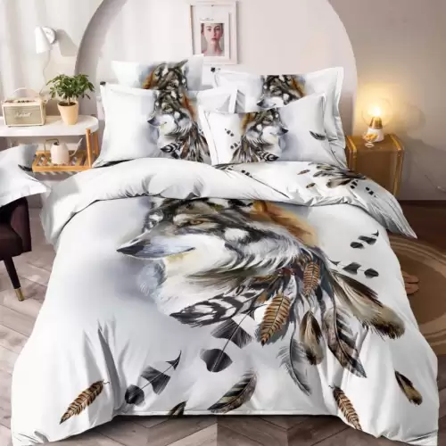 Lenjerie pat dublu, FINET, Imprimeu Digital - Identic cu poza, 6 piese, Jojo Home, Alb-Multicolor, lup