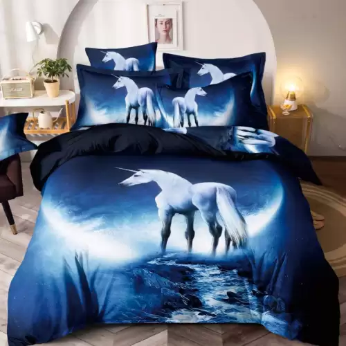 Lenjerie pat dublu,  FINET, Imprimeu Digital - Identic cu poza, 6 piese, Jojo Home, Bleumarin-Alb, unicorn