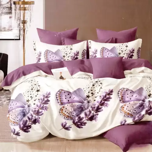 Lenjerie pat dublu, FINET Satinat, 6 piese, Alb, Mov, flori si fluturi