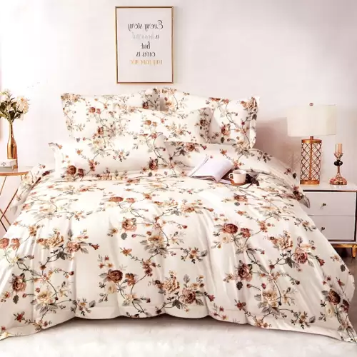 Lenjerie pat dublu, FINET Satinat, 6 piese, Bej, Flori