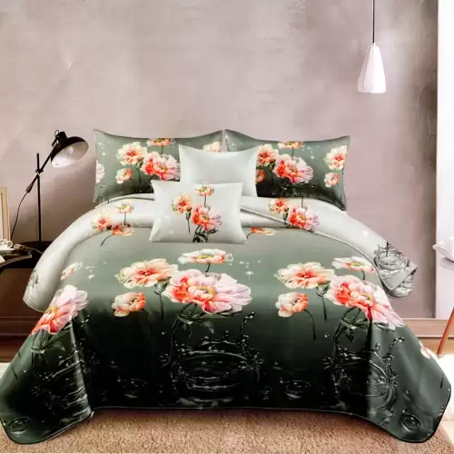 Lenjerie pat dublu, FINET Satinat, 6 piese, Verde, Flori Somon
