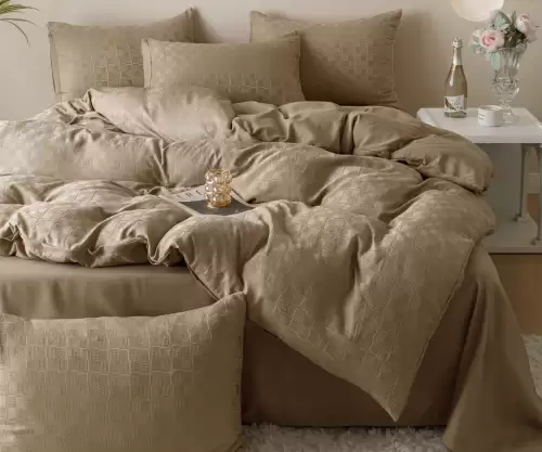 Lenjerie pat dublu, JACQUARD FINETAT, 6 piese, Jojo Home, Bej