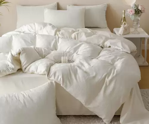 Lenjerie pat dublu, JACQUARD FINETAT, 6 piese, Jojo Home, Crem