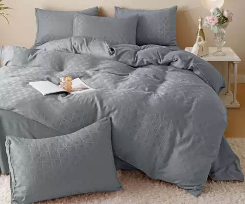 Lenjerie pat dublu, JACQUARD FINETAT, 6 piese, Jojo Home, Gri deschis