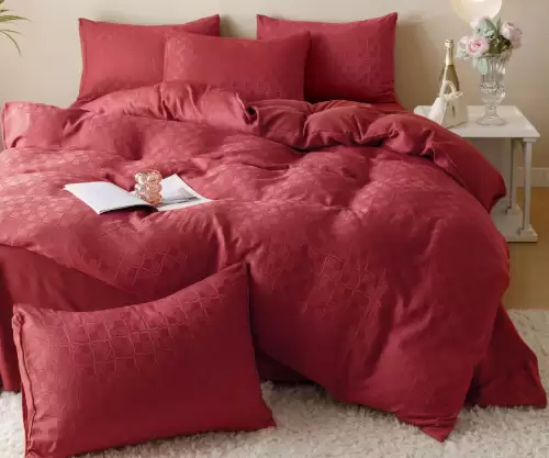 Lenjerie pat dublu, JACQUARD FINETAT, 6 piese, Jojo Home, Rosu