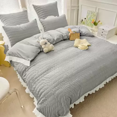 Lenjerie pat dublu, Soft Touch CREPONAT DELUXE, 6 piese, Jojo Home, Gri