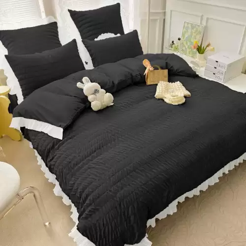 Lenjerie pat dublu,  Soft Touch CREPONAT DELUXE, 6 piese, Jojo Home, Negru