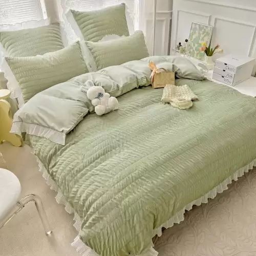 Lenjerie pat dublu, Soft Touch CREPONAT DELUXE, 6 piese, Jojo Home, Verde