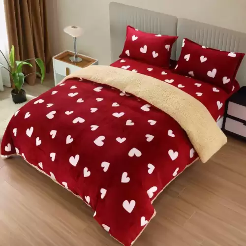 Lenjerie pat dublu, Super Pufoasa COCOLINO cu BLANITA, 4 piese, Rosu, inimioare