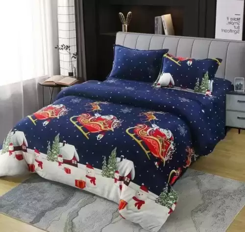 Lenjerie pat dublu, Super Pufoasa COCOLINO, cu ELASTIC, 4 piese, Albastru, Sania lui  Mos Craciun