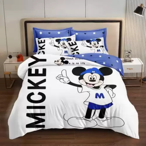 Lenjerie pat single (90x200cm, 100x200cm), FINET, 4 piese, IDENTICA CU POZA, Alb, Albastru, Mickey Mouse