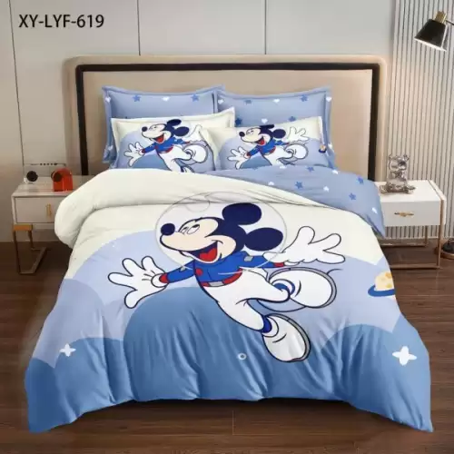 Lenjerie pat single (90x200cm, 100x200cm), FINET, 4 piese, IDENTICA CU POZA, Alb, Bleu, Mickey Mouse
