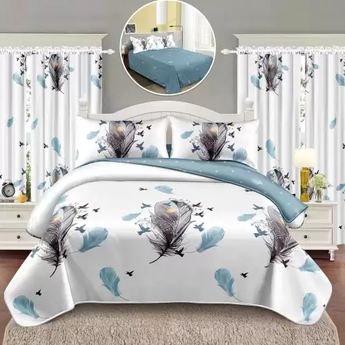 Lenjerie Pat Single, FINET, 6 piese, cu 2 DRAPERII INCLUSE, Alb, Bleu, pene