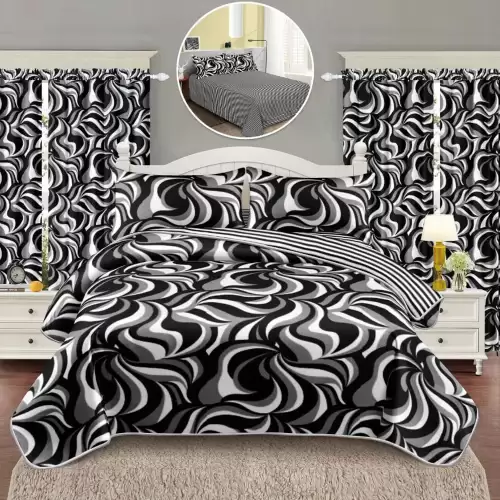 Lenjerie Pat Single, FINET, 6 piese, cu 2 DRAPERII INCLUSE, Alb, Negru, Gri, abastract