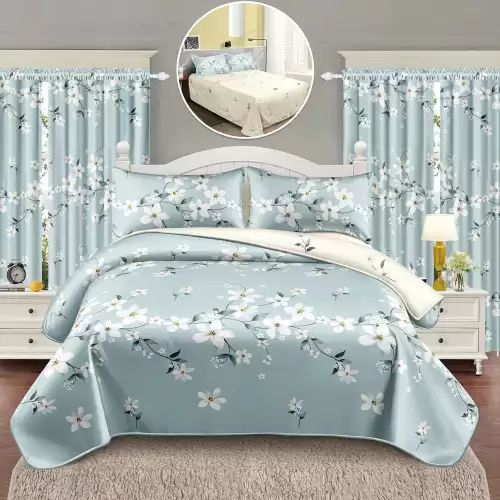 Lenjerie Pat Single, FINET, 6 piese, cu 2 DRAPERII INCLUSE, Bleu, flori