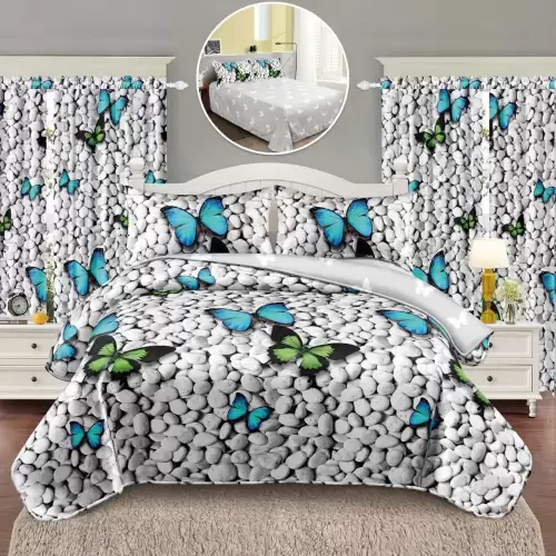 Lenjerie Pat Single, FINET, 6 piese, cu 2 DRAPERII INCLUSE, Gri, Albastru, fluturi