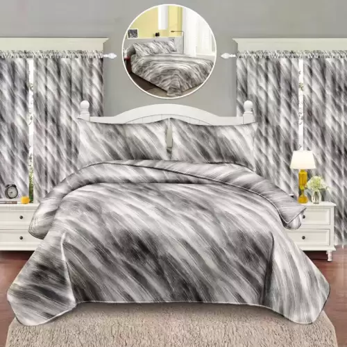 Lenjerie Pat Single, FINET, 6 piese, cu 2 DRAPERII INCLUSE, Gri, Model Clasic