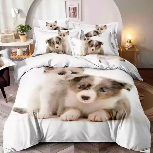 Lenjerie pat single, FINET, Imprimeu Digital - Identic cu poza, 4 piese, cu ELASTIC, Jojo Home, Alb, catel, pisicuta