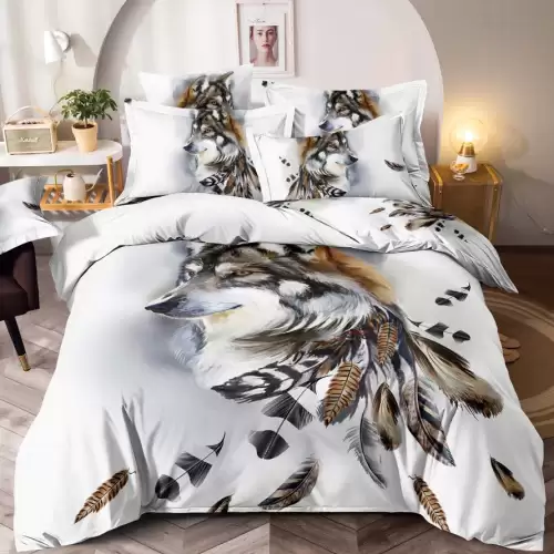 Lenjerie pat single, FINET, Imprimeu Digital - Identic cu poza, 4 piese, cu ELASTIC, Jojo Home, Alb-Multicolor, lup, pene