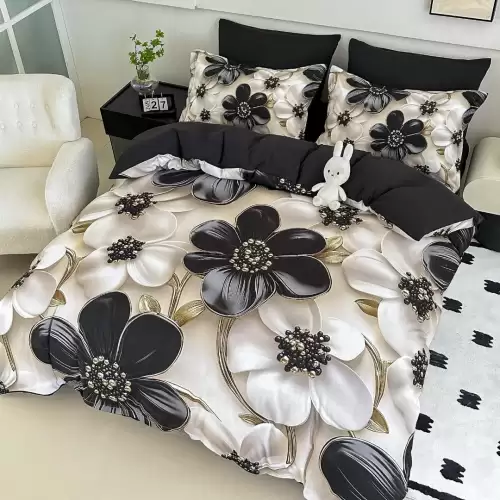 Lenjerie pat single, FINET, Imprimeu Digital - Identic cu poza, 4 piese, cu ELASTIC, Jojo Home, Alb, Negru, Flori