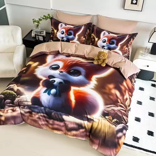 Lenjerie pat single, FINET, Imprimeu Digital - Identic cu poza, 4 piese, cu ELASTIC, Jojo Home, Bej, Multicolor, Veverita