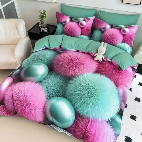 Lenjerie pat single, FINET, Imprimeu Digital - Identic cu poza, 4 piese, cu ELASTIC, Jojo Home, Roz, Menta, Puff