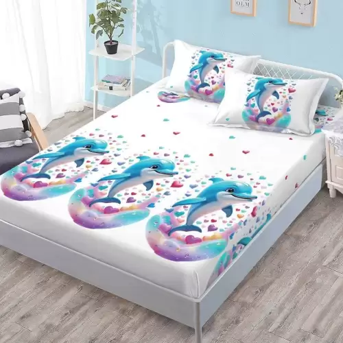 (OFERTA 3 la 159 Lei) Cearsaf cu elastic, FINET, 180x200cm, 2 fete de perne 50x70cm, Alb, Delfini