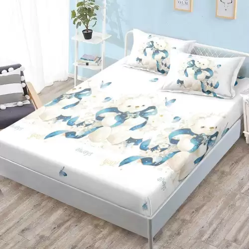 (OFERTA 3 la 159 Lei) Cearsaf cu elastic, FINET, 180x200cm, 2 fete de perne 50x70cm, Alb, Ursuleti