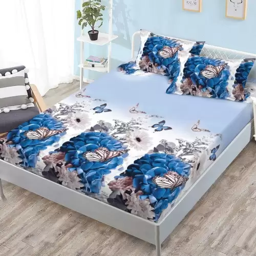 (OFERTA 3 la 159 Lei) Cearsaf cu elastic, FINET, 180x200cm, 2 fete de perne 50x70cm, Albastru, Flori