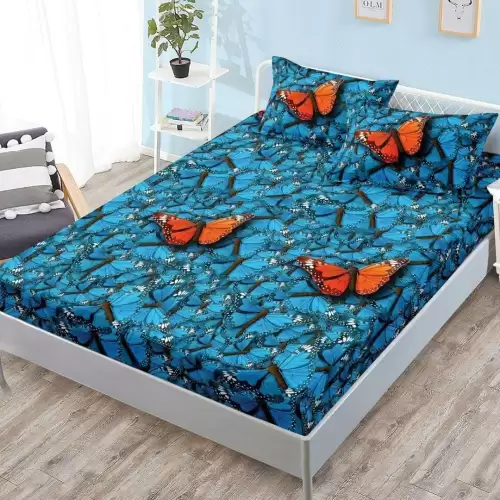 (OFERTA 3 la 159 Lei) Cearsaf cu elastic, FINET, 180x200cm, 2 fete de perne 50x70cm, Albastru, Fluturi