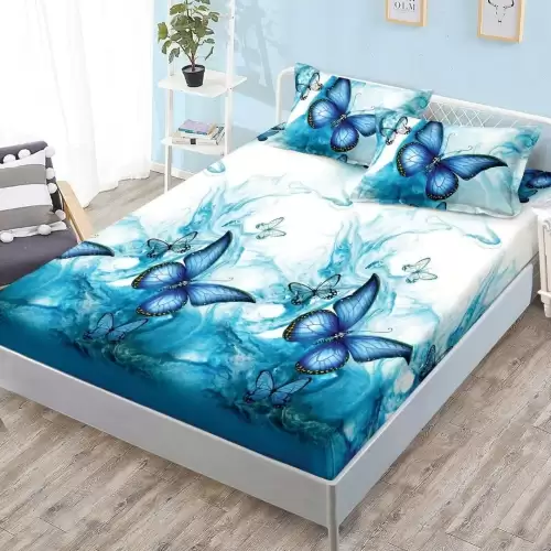 (OFERTA 3 la 159 Lei) Cearsaf cu elastic, FINET, 180x200cm, 2 fete de perne 50x70cm, Albastru, Fluturi