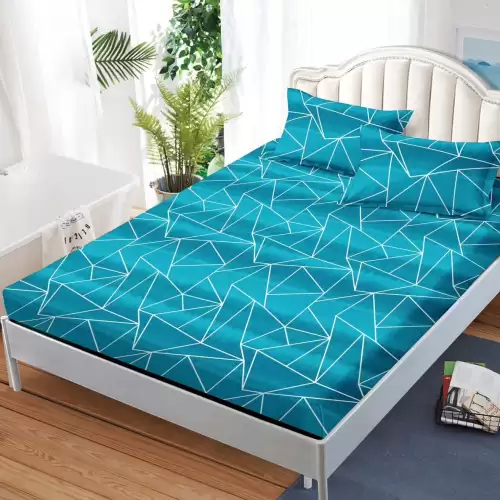 (OFERTA 3 la 159 Lei) Cearsaf cu elastic, FINET, 180x200cm, 2 fete de perne 50x70cm, Bleu intens, forme geometrice