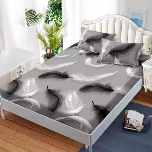 (OFERTA 3 la 159 Lei) Cearsaf cu elastic, FINET, 180x200cm, 2 fete de perne 50x70cm, Gri, pene