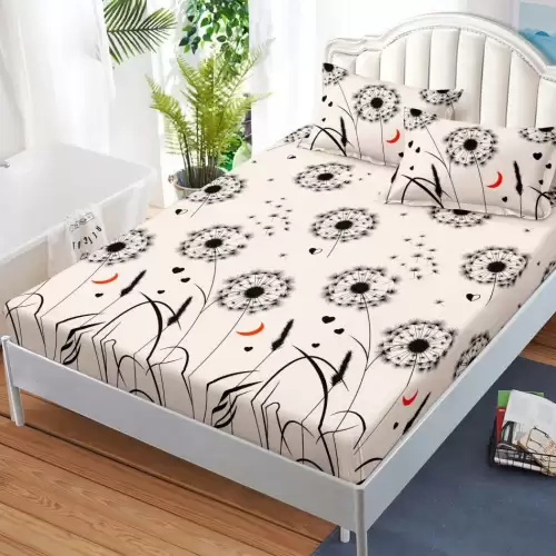 (OFERTA 3 la 159 Lei) Cearsaf cu elastic, FINET, 180x200cm, 2 fete de perne 50x70cm, Negru, papadii, inimioare