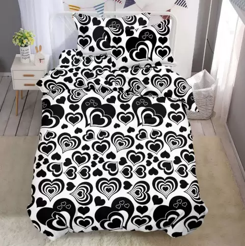 (OFERTA 3 la 199 Lei) Lenjerie pat 1 PERSOANA, 3 piese, IMPRIMEU 3D Multiplicat, Microfibra, Alb-Negru, inimioare