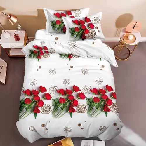 (OFERTA 3 la 199 Lei) Lenjerie pat 1 PERSOANA, 3 piese, IMPRIMEU 3D Multiplicat, Microfibra, Alb-Rosu, trandafiri
