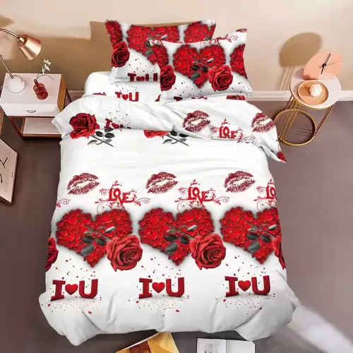 (OFERTA 3 la 199 Lei) Lenjerie pat 1 PERSOANA, 3 piese, IMPRIMEU 3D Multiplicat, Microfibra, Alb-Rosu, trandafiri, inimioare