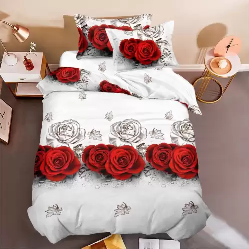 (OFERTA 3 la 199 Lei) Lenjerie pat 1 PERSOANA, 3 piese, IMPRIMEU 3D Multiplicat, Microfibra, Alb-Rosu, trandafiri