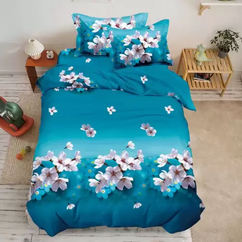 (OFERTA 3 la 199 Lei) Lenjerie pat 1 PERSOANA, 3 piese, IMPRIMEU 3D Multiplicat, Microfibra, Albastru, flori de cires