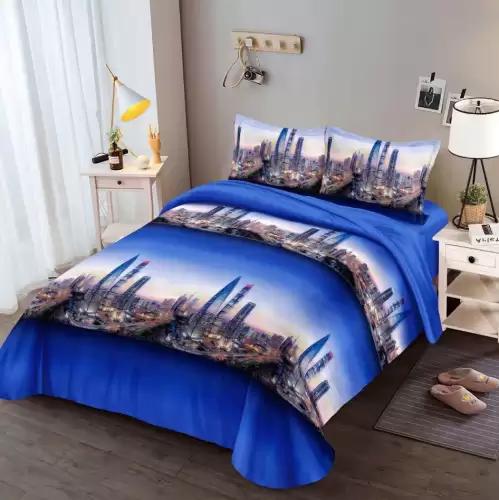 (OFERTA 3 la 199 Lei) Lenjerie pat 1 PERSOANA, 3 piese, IMPRIMEU 3D Multiplicat, Microfibra, Albastru, oras