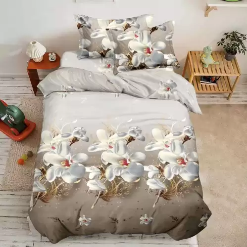 (OFERTA 3 la 199 Lei) Lenjerie pat 1 PERSOANA, 3 piese, IMPRIMEU 3D Multiplicat, Microfibra, Bej, flori