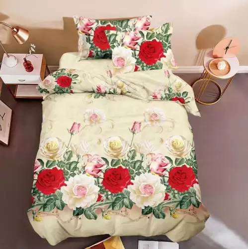 (OFERTA 3 la 199 Lei) Lenjerie pat 1 PERSOANA, 3 piese, IMPRIMEU 3D Multiplicat, Microfibra, Bej, flori