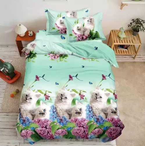 (OFERTA 3 la 199 Lei) Lenjerie pat 1 PERSOANA, 3 piese, IMPRIMEU 3D Multiplicat, Microfibra, Bleu, pisicute, flori