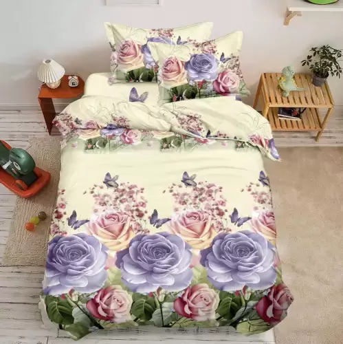 (OFERTA 3 la 199 Lei) Lenjerie pat 1 PERSOANA, 3 piese, IMPRIMEU 3D Multiplicat, Microfibra, Crem-Lila, trandafiri, fluturi