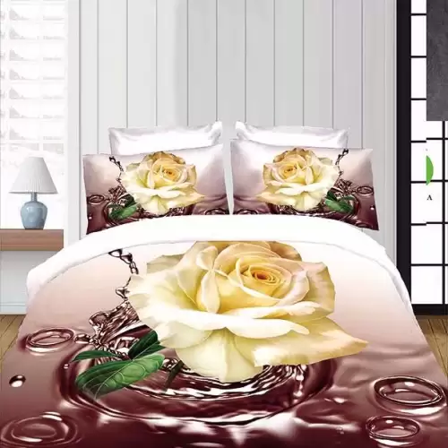 (OFERTA 3 la 199 Lei) Lenjerie pat 1 PERSOANA, 3 piese, IMPRIMEU 3D Multiplicat, Microfibra, Crem-Maro, trandafiri